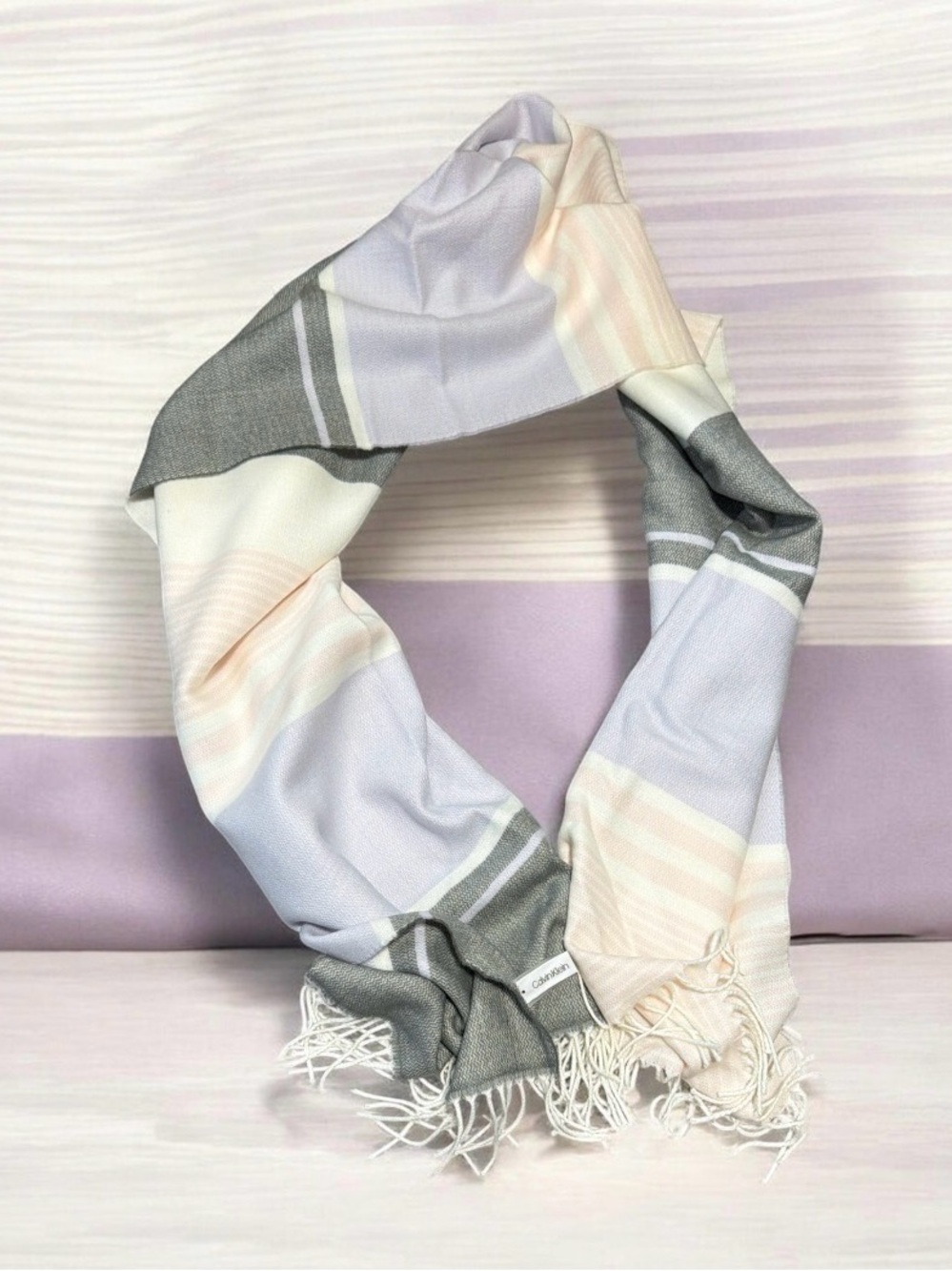 Calvin Klein Pastel Colorblock Oversized Striped Scarf with Fringe Trim NWT